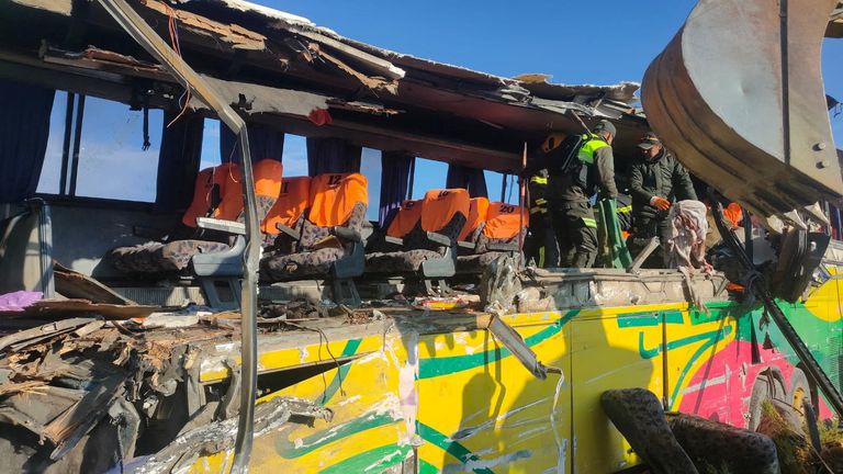 A damaged bus after the fatal accident on the road to Uyuni. Pic: Reuters/Potosi Departmental Command