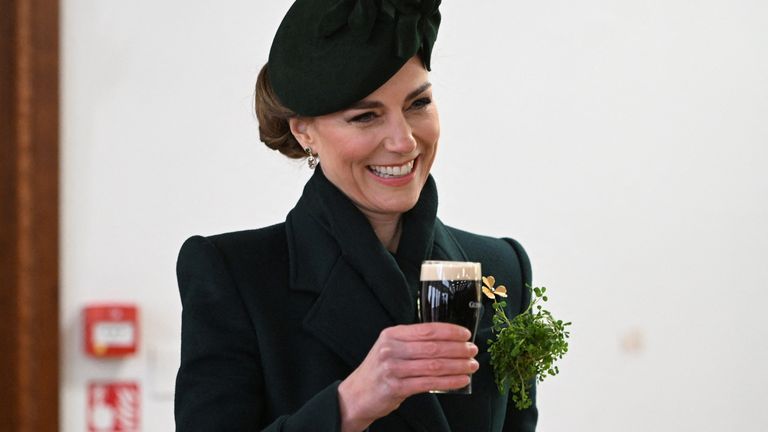 Britain's Catherine, Princess of Wales, reacts on the day of the Irish Guard's St. Patrick's Day Parade at Wellington Barracks in London, Britain, March 17, 2025. Eddie Mulholland/Pool via REUTERS