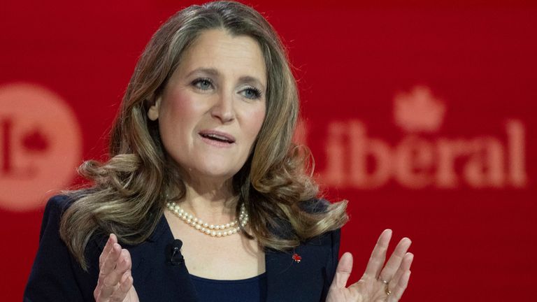 Chrystia Freeland speaks during the Liberal leadership debate in Montreal in February. Pic: AP