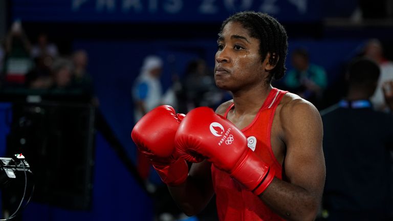 Cindy Ngamba ahead of her semi-final fight at the summer Olympics.
Pic: AP/John Locher qhiukiuiqkdprw