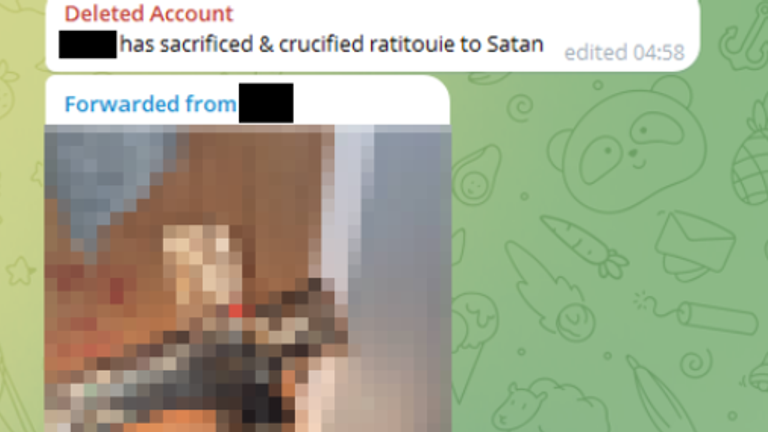 A Com member posts a photograph of a crucified rat accompanied by a subgroup's name written in blood. 