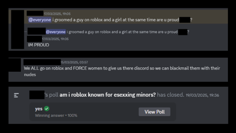 Messages from a Com Discord server discussing the game Roblox.