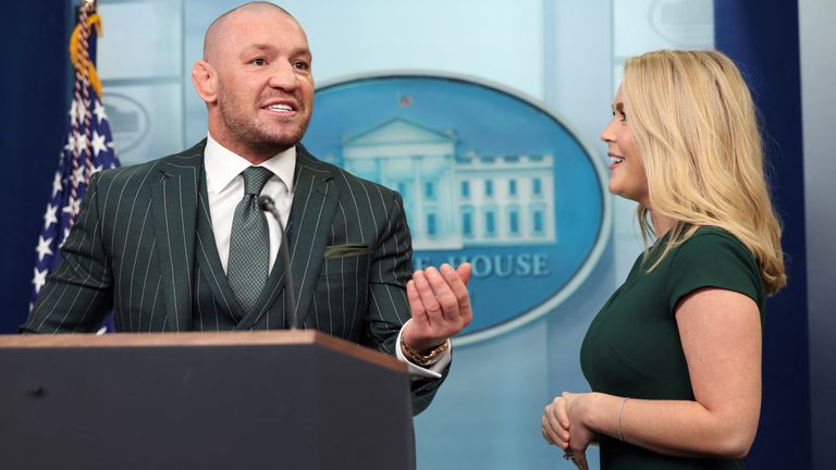 UFC fighter Conor McGregor speaks at the briefing room lectern, with White House press secretary Karoline Leavitt at his side, during a visit to the White House in Washington.  Pic: Reuters