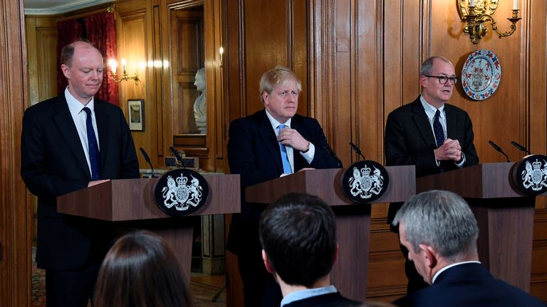 Chief Medical Officer for England Chris Whitty, Britain's Prime Minister Boris Johnson and Chief Scientific Adviser Patrick Vallance are pictured during a news conference about coronavirus at Downing Street in London, Britain March 9, 2020. Alberto Pezzali/Pool via REUTERS