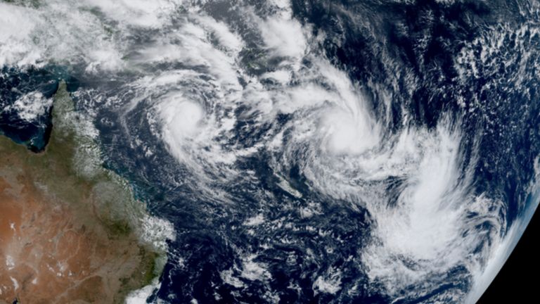 Satellite image shows three cyclones, including Alfred on the left. Pic: AP