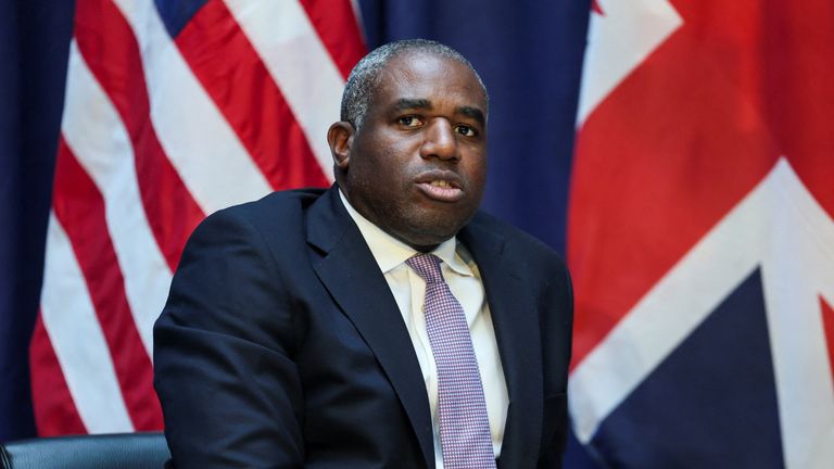 British Foreign Minister David Lammy looks on as he participates in a bilateral meeting with U.S. Vice President JD Vance at the Commerzbank in Munich, Germany, February 14, 2025. REUTERS/Leah Millis