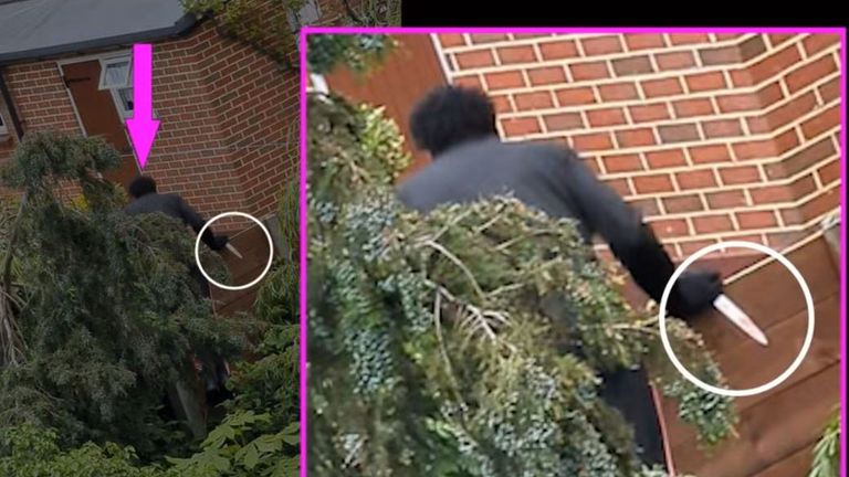 Dellan Charles is seen hopping over a fence while carrying one of his knives. Pic: Met Police