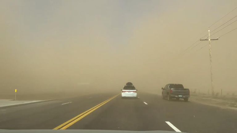 driver captures dust storm on Texas interstate, west of Amarillo, Texas on Fri 14/03/25  No credit required acc to NBC  https://x.com/GauthyGauth/status/1900603029298061588