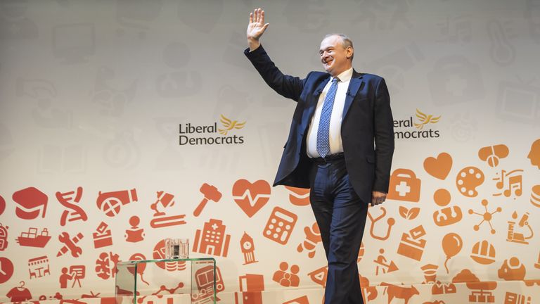 Sir Ed Davey addressing his party's spring conference. Pic: PA