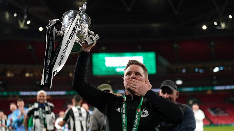 Newcastle United manager Eddie Howe celebrates. Pic: PA