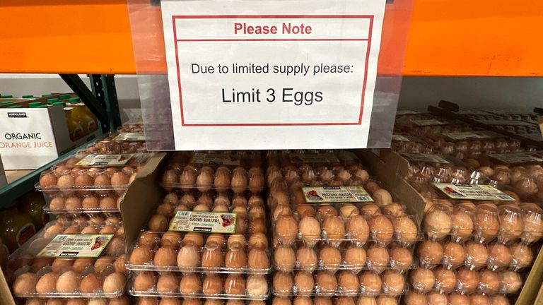 A limit sign hangs over a display of brown eggs in a Costco warehouse Thursday, March 13, 2025, in Sheridan, Colo. (AP Photo/David Zalubowski)