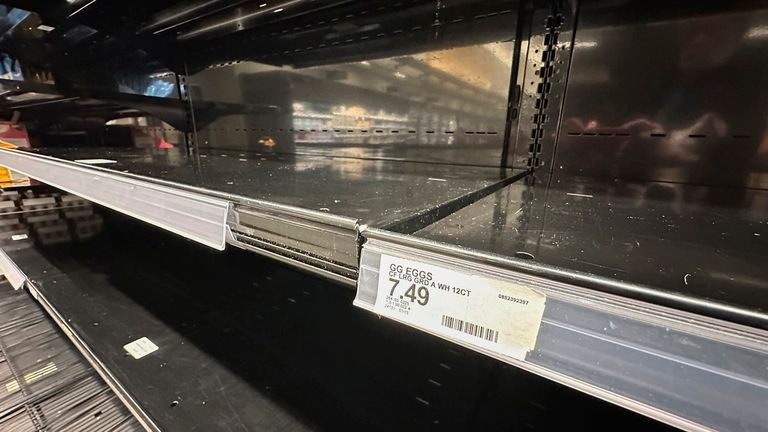 The proposed price is posted on the edge of an empty shelf in an egg carton at the Target Store in Sheridan, Colorado, Thursday, March 13, 2025 (AP Photo/David Zalubowski)