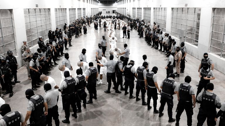 Salvadoran police officers escort suspected members of the Venezuelan gang of Aragua to jail in the terrorism locking center. Photo: Presidency Press Secretary/