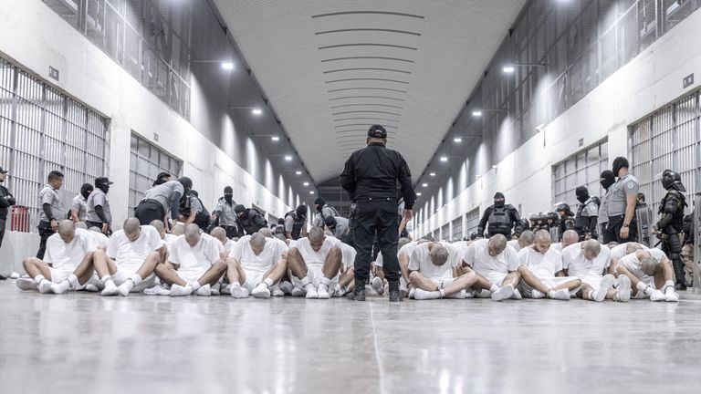 The Salvadoran police officers are processing suspected members of the Venezuelan gang Tren de Aragua who were recently deported by the US government to enter the Salvadoran government in the Salvadorial government, as part of an agreement with the Salvadoran government, in Tecoluca, El Salvador, in this out of March 16. - This image was provided by a third party. No resale. No archives