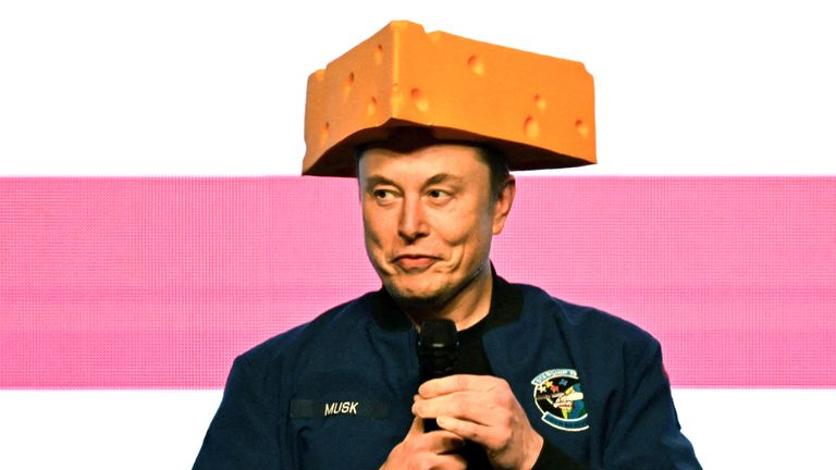Elon Musk wears a cheese hat as he holds a rally in support of a conservative state Supreme Court candidate of an April 1 election in Green Bay, Wisconsin.
Pic: Reuters