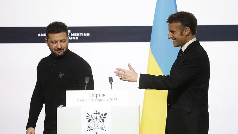 Emmanuel Macron and Volodymyr Zelenskyy after a bilateral meeting at the Elysee Palace on Wednesday. Pic: Reuters