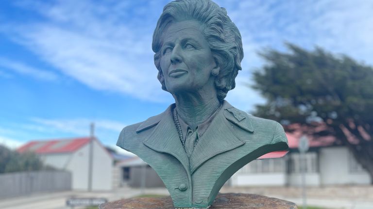 A bust of Margaret Thatcher in Stanley 