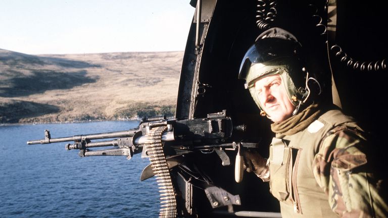 A helicopter patrolling over San Carlos Water during the Falklands conflict. File pic: PA