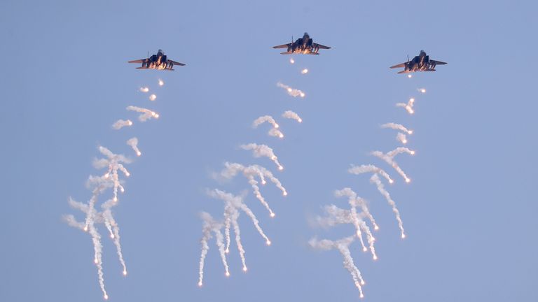 South Korean Air Force F-15K fighter jets fire flare shells during the joint military drill between South Korea and the United States at Seungjin Fire Training Field in Pocheon, South Korea.
Pic: AP