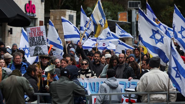 Protests near Prime Minister Netanyahu's residence in Jerusalem on Friday. Pic: Reuters
