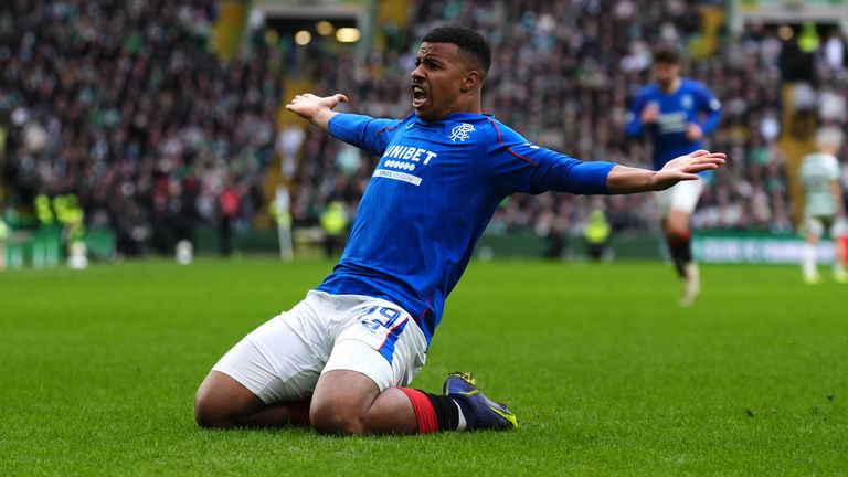 Rangers' Hamza Igamane celebrates their team's third goal of the match during the William Hill Premiership match at Celtic Park, Glasgow. Image date: Sunday, March 16, 2025.