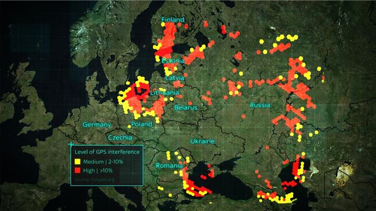 A map of GPS interference levels detected over Europe earlier this year. Credit: GPSjam.org