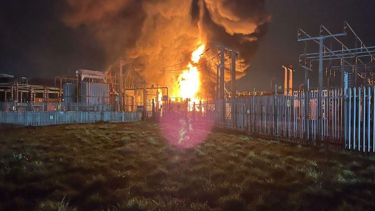 The fire at Hayes electrical substation.
Pic:London Fire Brigade/PA