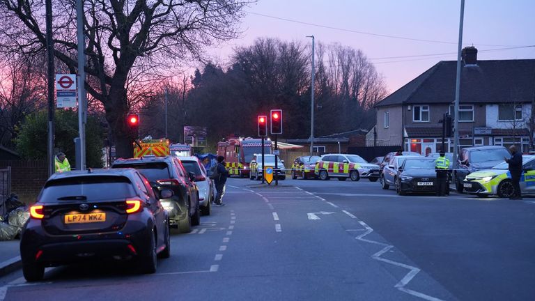 Emergency services at the cordon near North Hyde substation in Hayes. Pic: PA