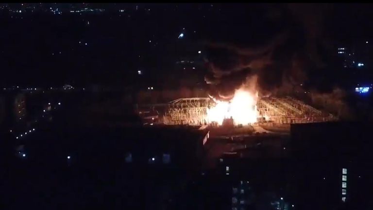 Drone footage shows the fire blazing at the substation in Hayes, west London