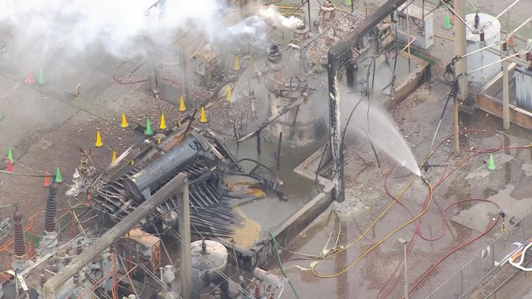 Aerials show burned substation which shut Heathrow Airport