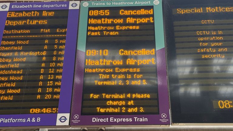 Signs show Heathrow Express cancellation at Paddington train station as Heathrow shuts due to power outage in London, Britain March 21, 2025. REUTERS/Marissa Davison  