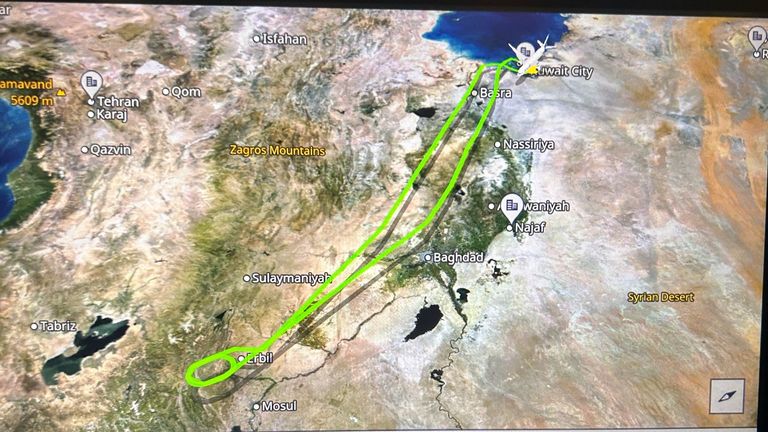 A flight map shows the Kuwait to Heathrow flight turning around. Pic: Lloyd Mcbratney