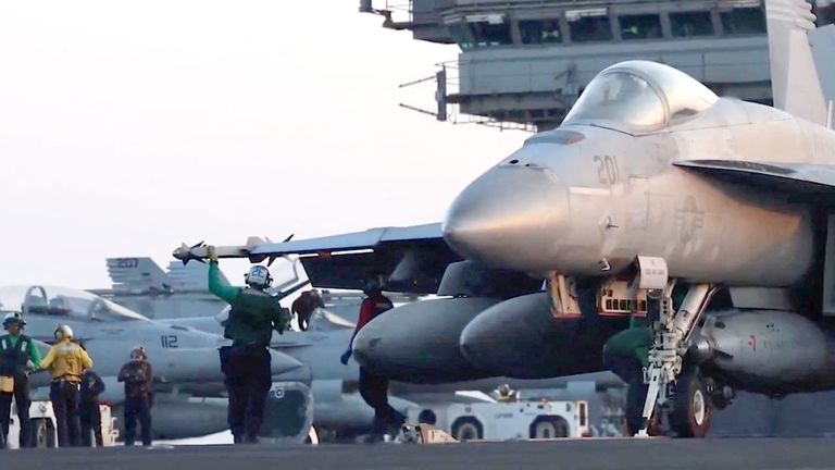 A fighter plane takes off for an operation against the Houthi group.
Pic: US Centcom/Reuters
