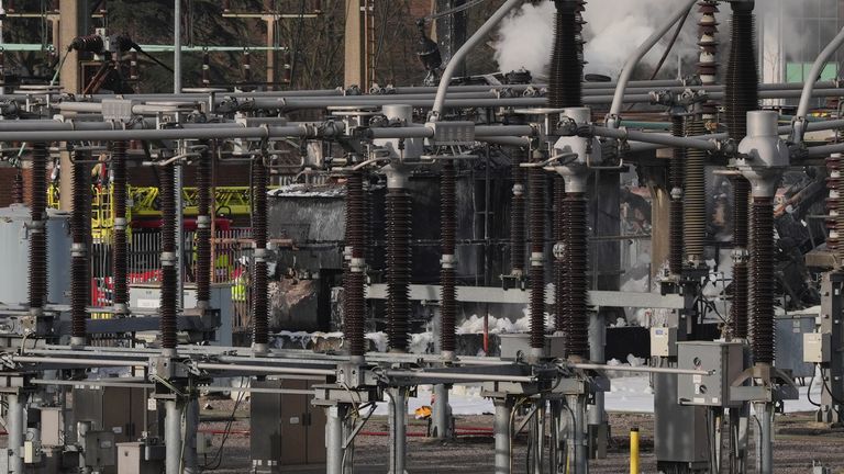The North Hyde electrical substation which caught fire. More than 1,300 flights to and from Heathrow Airport will be disrupted on Friday due to the closure of the airport following the fire. Picture date: Friday March 21, 2025.


