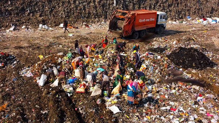 People picking up rubbish at the base of the mountain