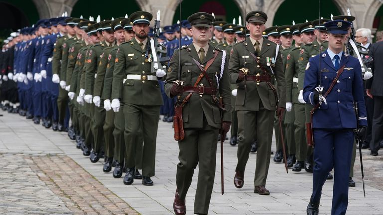 Members of the Defence Force form a guard of honour during the National Day of Commemoration Ceremony, held to honour all Irishmen and Irishwomen who died in past wars or on service with the United Nations, at Royal Hospital Kilmainham, in Dublin. Picture date: Sunday July 14, 2024.