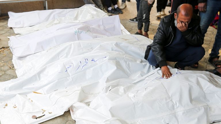 Palestinians mourn loved ones killed in Israeli strikes, in Khan Younis.
Pic: Reuters
