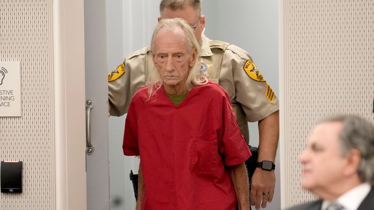 Joseph Czuba, 71, is led into a Will County, Ill., courtroom for his arraignment in the murder of 6-year old Wadea Al-Fayoume, at the county courthouse, Monday, Oct. 30, 2023, in Joliet, Ill. Czuba is accused of fatally stabbing the Muslim boy and seriously wounding his mother, and is also charged with a hate crime. (AP Photo/Charles Rex Arbogast)