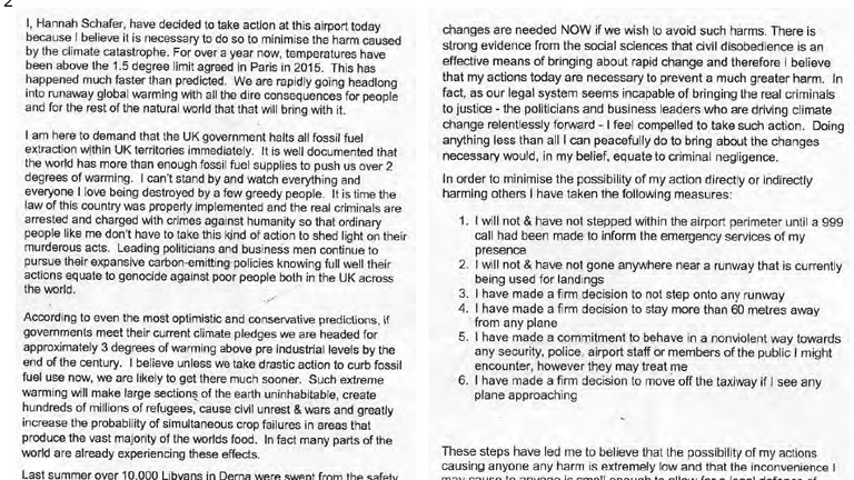 Hannah Schafer's prepared statement which was seized by police. Pic: Met Police