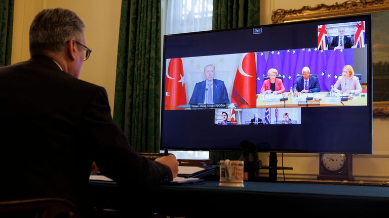 Sir Keir Starmer holding a virtual meeting with European leaders. Pic: Downing Street