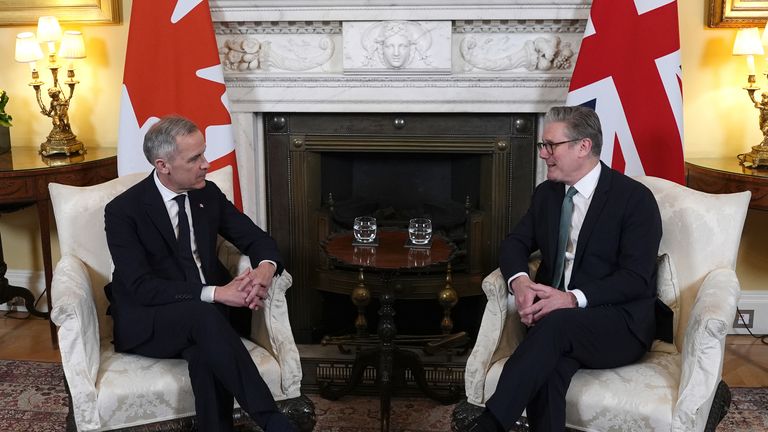 Prime Minister Sir Keir Starmer (right) with Prime Minister of Canada Mark Carney in 10 Downing Street, London, ahead of a bilateral meeting. Picture date: Monday March 17, 2025. PA Photo. See PA story POLITICS Carney. Photo credit should read: Jordan Pettitt/PA Wire