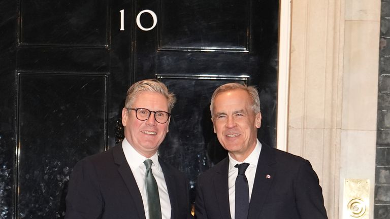 Prime Minister Sir Keir Starmer welcomes the Prime Minister of Canada, Mark Carney, to 10 Downing Street, London, ahead of a bilateral meeting. Picture date: Monday March 17, 2025. PA Photo. See PA story POLITICS Carney. Photo credit should read: Lucy North/PA Wire