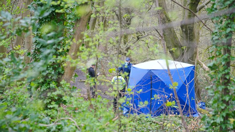 Police officers by a forensic tent at Kersal Dale, near Salford, Greater Manchester. Michal Jaroslaw Polchowski, 68, and Marcin Majerkiewicz, 42, both of Worsley Road, Eccles, were charged with murder as more human remains were discovered in the investigation into the body part found in Salford earlier this month, a spokesman for Greater Manchester Police said. Issue date: Monday April 29, 2024. PA Photo. See PA story POLICE Salford. Photo credit should read: Peter Byrne/PA Wire