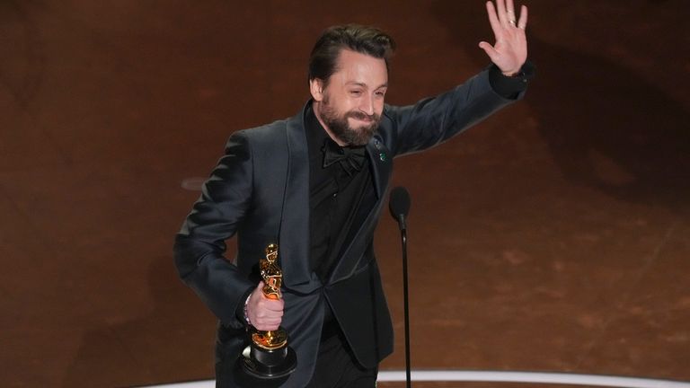 Kieran Culkin accepts the award for best performance by an actor in a supporting role for A Real Pain during the Oscars on Sunday, March 2, 2025, at the Dolby Theatre in Los Angeles. Pic: AP/Chris Pizzello