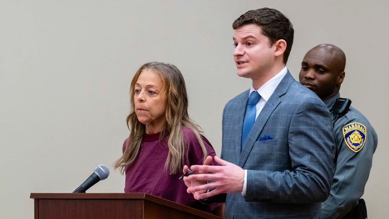 Kimberly Sullivan stands next to her attorney Jason Spilka during a bond hearing Thursday, March 13, 2025 at Waterbury Superior Court, Connecticut. (Jim Shannon/Hearst Connecticut Media via AP, Pool)