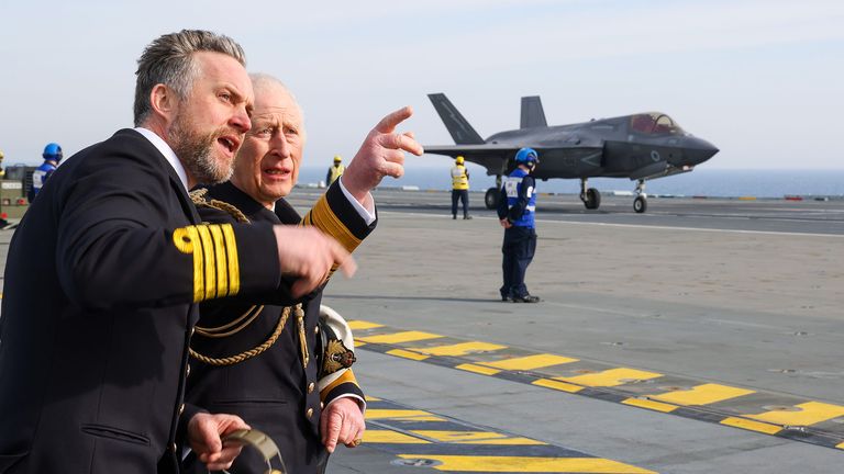 King Charles  visiting HMS Prince of Wales as the Royal Navy finalises preparations for a major global deployment to the Indo-Pacific this spring.
Pic: PO Phot Rory Arnold/Ministry of Defence/PA