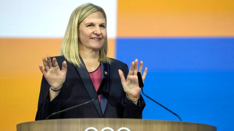 Kirsty Coventry gestures after being announced as the new IOC President at the International Olympic Committee.
Pic: AP