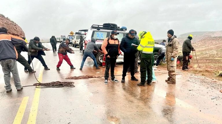 ** on right of picture are bodies ** First responders work at the site after a crash between a vehicle and a bus along a highway in Lenas, Potosi, southern Bolivia, March 3, 2025, in this handout image obtained from social media. Bolivia's Attorney General/Handout via REUTERS THIS IMAGE HAS BEEN SUPPLIED BY A THIRD PARTY. NO RESALES. NO ARCHIVES. MANDATORY CREDIT