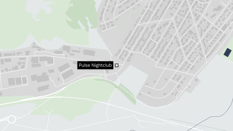 A map shows Pulse nightclub in Kocani, North Macedonia