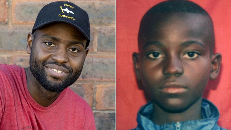 Mardoche Yembi pictured now and as a child when he was accused of witchcraft. Pic: Sarah Ainslie